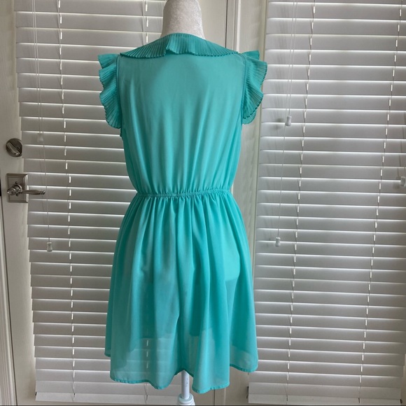 CIEL USA Large Teal Blue Dress Pleated W/ Tie Neck & Ruffle Flutter Sleeves - Picture 3 of 13